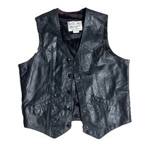 Wrangler Outerwear Vintage Black Leather  Vest Mens Western Made in USA